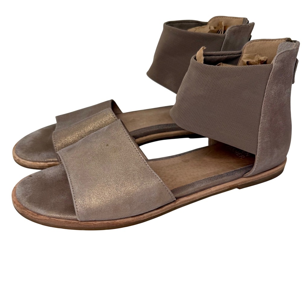 Eileen Fisher Flat Sandals Women 8 Taupe Metallic Suede Ankle Wrap Back Zip Good